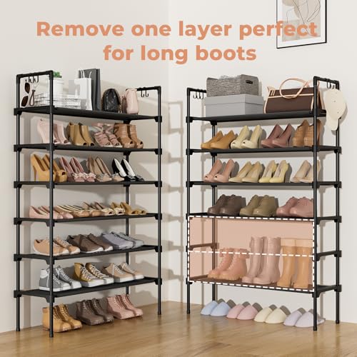LANTEFUL 6 Tier Shoe Rack for Closet Shoe Organizer with 5 Hooks, Long Shoe Shelf Storage for Shoe and Boot Stackable Free Standing Shoe Rack for Entryway, Garage, Small Spaces, Dorm, Black - color: Black, size: 27.8"W - 6 Tier