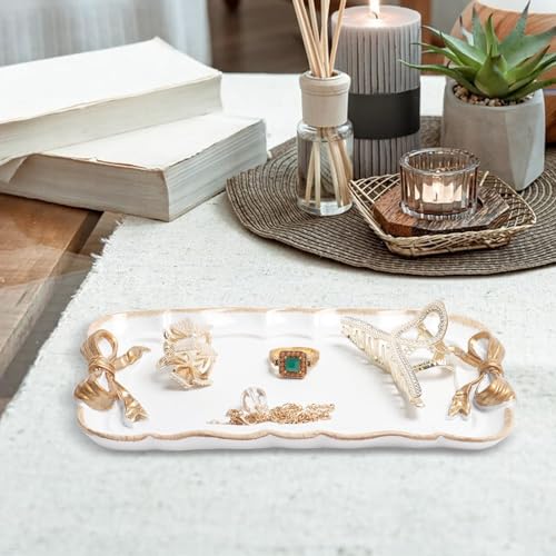 Warmtree Vintage Jewelry Organizer, Decorative Tray for Jewelry, Towel, Storage, Rings, Bracelets, Earrings, Cosmetics, Retro Design, Bow Decor Resin Plate Coquette for Room Decor, White - color: White
