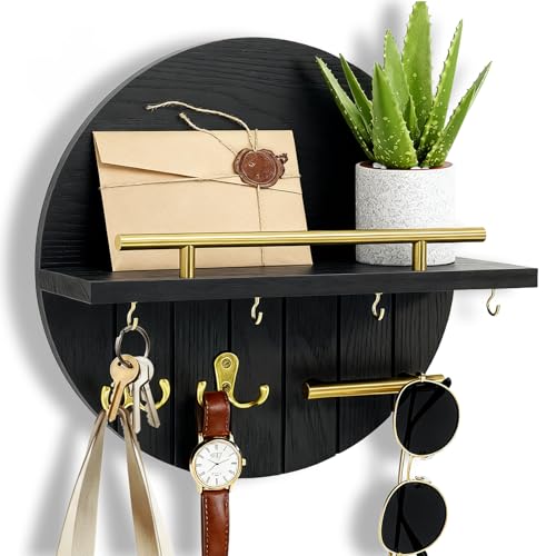 OurWarm Key Holder Wall Mount, 11.8 Inch Black Decorative Key and Mail Holder Organizer with 8 Key Hooks, Round Wooden Key Rack Key Hanger with Shelf for Wall Entryway Boho Home Decor