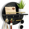 OurWarm Key Holder Wall Mount, 11.8 Inch Black Decorative Key and Mail Holder Organizer with 8 Key Hooks, Round Wooden Key Rack Key Hanger with Shelf for Wall Entryway Boho Home Decor