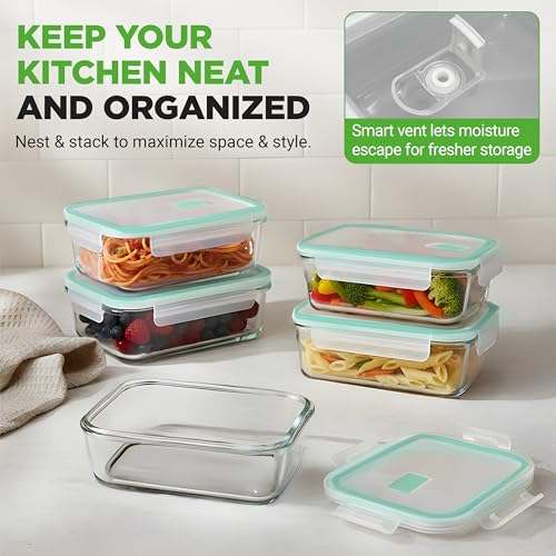 NutriChef 10 Piece Glass Food Storage Containers with Lids – 30 oz Meal Prep Containers Reusable Glass – Airtight Lunch Containers for Food Storage – Freezer to Oven Safe - Green - color: Green