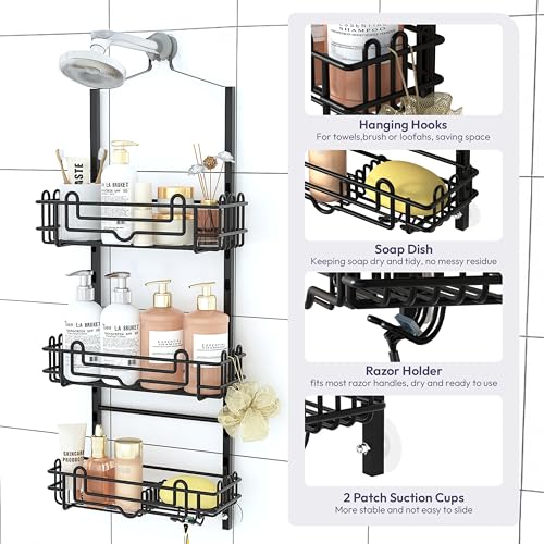 SWTYMIKI Shower Caddy Hanging Organizer - 3-Tier Rustproof Shower Organizer Over Showerhead with Adjustable Baskets, 24 Hooks, Soap & Razor Holder - No Drill Large Bathroom Storage Rack, Black - color: Black