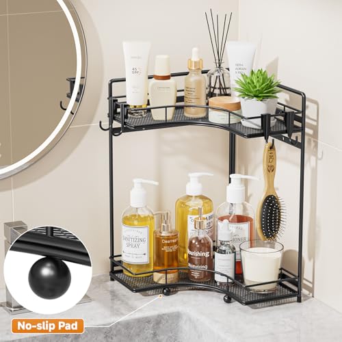 VITVITI 2-Tier Corner Bathroom Counter Organizer, Bathroom Countertop Organizer Storage for Sink, Metal Mesh Makeup Organizer for Vanity Countertop Kitchen with Hooks, Black - color: Black