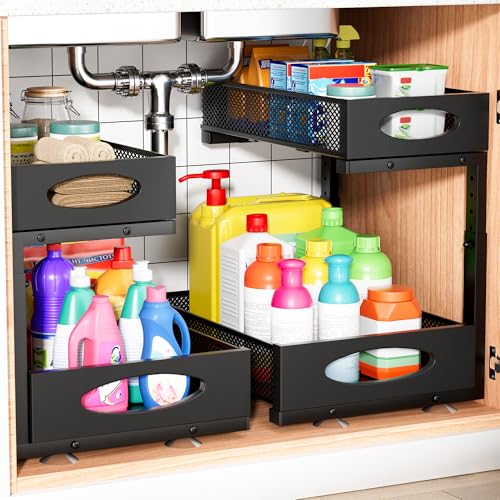 Under Sink Organizer, 2 Packs 2 Tier Under Sink Organizers and Storage, Slide Out Pull Out Cabinet Organizer Shelf, Metal Sliding Drawer for Kitchen Bathroom Pantry Cabinet Closet Organization Rack - color: Classic black