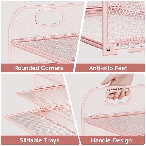 5-Tier Stackable Paper Organizer with Handle, Pink Metal Mesh Letter Tray | Stylish Desk File Sorter for Office, Home & Classroom Supplies - color: Pink, size: 12.6" x 9.1" x 13.4"