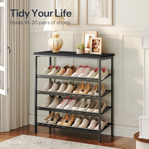 HOOBRO Shoe Rack for Entryway, 5-Tier Shoe Organizer with Adjustable Mesh Shelves, 12-16 Pairs of Shoes, Spacious Floor Mount, Metal, Industrial, Shoe Shelf for Closet, Black BB12XJ01 - color: Black + Black, size: 29.5"W x 11.8"D x 31.8"H