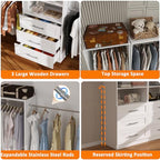 5–9FT Closet System with 3 Wood Drawers, Closet Organizer System with 5 Expandable Hanging Rods, Walk-in Closet System with Shelves, Wall Mounted Built-in Closet Organization System
