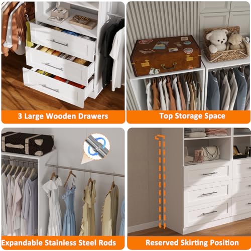 5–9FT Closet System with 3 Wood Drawers, Closet Organizer System with 5 Expandable Hanging Rods, Walk-in Closet System with Shelves, Wall Mounted Built-in Closet Organization System