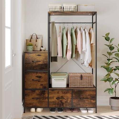 Clothing Rack with Fabric Drawers & LED Lights, 39.4W*57H Dresser with Hanging Rack, Free Standing Wardrobe Closet with Shelves, Closet Organizer with Drawers for Bedroom, Small Space, Apartment - color: Brown