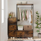 Clothing Rack with Fabric Drawers & LED Lights, 39.4W*57H Dresser with Hanging Rack, Free Standing Wardrobe Closet with Shelves, Closet Organizer with Drawers for Bedroom, Small Space, Apartment - color: Brown
