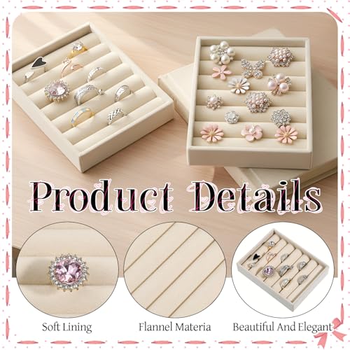 2 PCS Small Jewelry Tray Ring Organizer, Velvet Stackable Ring Organizer Mini Jewelry Drawer Organizer Tray 6 Slots Ring Stud Earrings Display Case for Women(Beige) - color: Beige