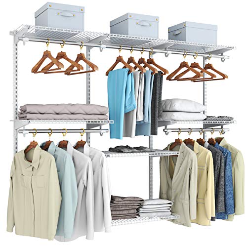 Tangkula 4 to 6 FT Custom Closet System, Wall Mounted With Hanging Rod, Metal Storage Organizer Rack Wardrobe With Shelves, Adjustable Kit for Bedroom - color: White, size: 4 to 6 FT