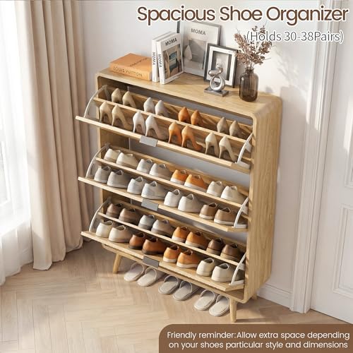FurSch Fluted Shoe Storage Cabinet with 3 Flip Drawers, Narrow Shoe Rack Cabinet Organizer with Adjustable & Removable Shelves for Entryway (All Natural, 3 Drawers) - color: All Natural, size: 3 Drawers