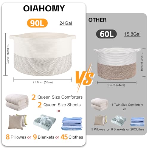 OIAHOMY 90L XXXLarge Blanket Basket for Living Room, 21.7" x 13.8" Woven Cotton Rope Laundry Basket for Organizing Pillows, Decorative Stuffed Animal Toy Storage Bin for Nursery, Black and White - color: Black and White, size: 21.7"D x 13.8"H