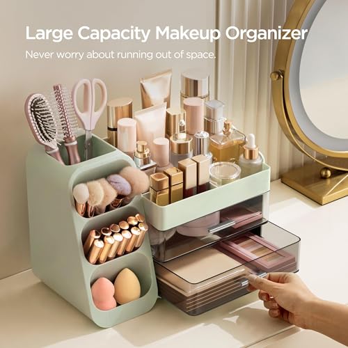 HBlife Makeup Organizer with Brush Holder for Vanity, Large Plastic Bathroom Countertop Organizer Skin Care Storage, Easy to Store Lipsticks, Nail Polishes, Perfumes, Eyeshadow Palettes, Green - color: Green, size: Large