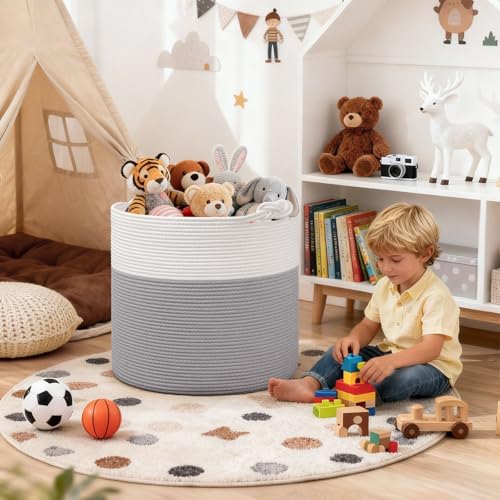 Goodpick 17"x16" Toy Storage for Kids, Home Décor Living Room, Baby Basket for Nursery Playroom, Soft Woven Cotton Rope Baskets for Blankets Pillows Clothes, Grey - color: Grey, size: 17 x 16 inches