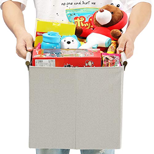 HOONEX Collapsible Storage Bins, 13x13x13in Storage Cubes Linen Fabric, 3 Pack, Storage Baskets with Wooden Carry Handles and Sturdy Heavy Cardboard, for Home, Office, Car, Nursery, Beige - color: Beige, size: 13" L x 13" W x 13" H