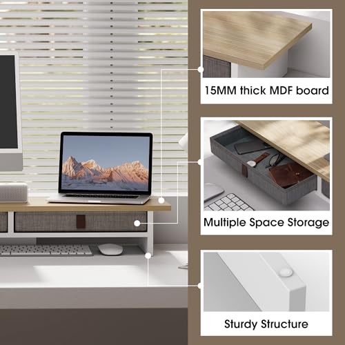 Fenge Monitor Stand with Drawer, 2 Tiers Dual Monitor Riser for Desk, 35 Inch Computer Stand for 2 Monitors, Desk Shelf for Home, Office, Laptop, PC, TV, Printer - color: Oak