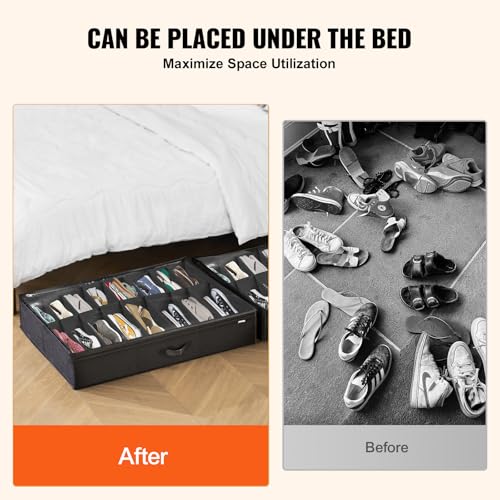 VEVOR Under Bed Shoe Storage Organizer, Set of 2, Total 32 Compartments, Underbed Shoes Closet Storage Solution with Clear Window, Breathable, Foldable Fabric Container Box with Reinforced Handles - color: Black, size: 31.5"L x 23.6"W x 5.9"H