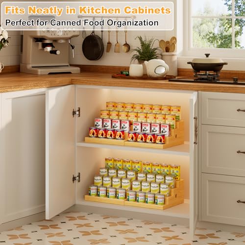 Expandable Bamboo Can Storage Rack, 4 Tier Adjustable Can Organizer for Pantry Holds Up to 32 Cans, Soda Can Dispenser, Canned Food Storage Display Shelf for Cabinet & Countertop (Patent Pending) - size: Standard