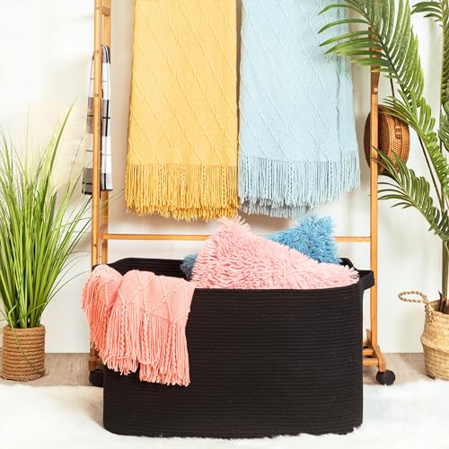 MINTWOOD Design 22in Extra Large Blanket Basket Holder Living Room, Rectangle Rope Woven Storage Basket with Handles for Laundry, Pool Towels, and Shoes, Dog Toy Organizer Bin Box, Full Black - color: Full Black