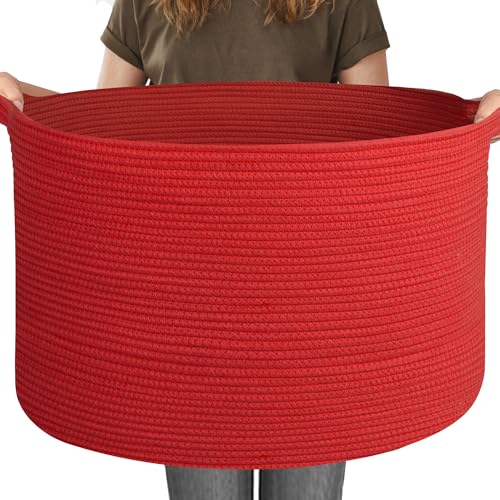 MEGASKET 115L Extra Large Red Basket for Organizing, 23.6"x15.7" Jumbo Woven Cotton Rope Bins for Blankets, Baby Nursery Laundry Basket, Kids Dog Toy Storage Box, Huge Red Living Room Decor Organizer - color: Red, size: 23.6"x23.6"x15.7"