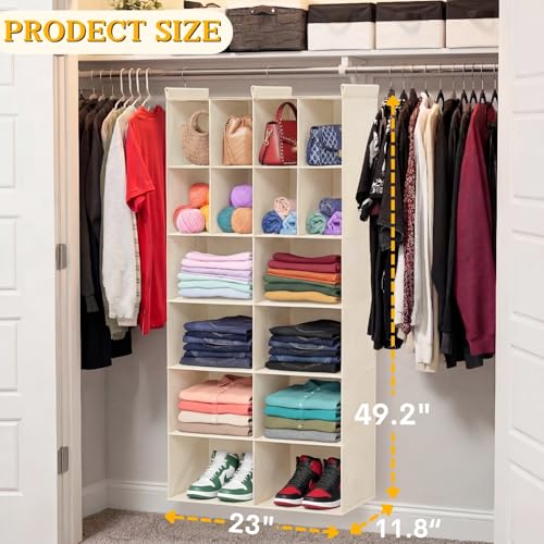 Ofiray-home 6 Tier Hanging Closet Organizer, 16 Compartments Sweater Organizer for Closet with 3 Sturdy Hooks, Closet Organizers and Storage, Wardrobe, Rv, Garment Rack, Beige - color: Beige, size: 6-Tier