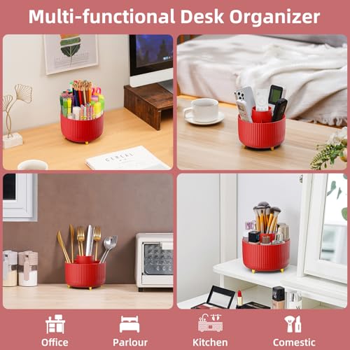 Marbrasse Desk Organizer, 360-Degree Rotating Pen Holder for Desk, Desk Organizers and Accessories with 5 Compartments Pencil Organizer, Art Supply Storage Box Caddy for Office, Home (Red) - color: Red