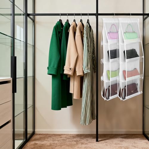 4 Pack Hanging Handbag Purse Organizer for Closet, 8 Pockets Space Saving Purse Storage Organizers Handbag Organizer Holder with Thicken Metal Hooks for Women Wardrobe(White, 41” x 13.8”)
