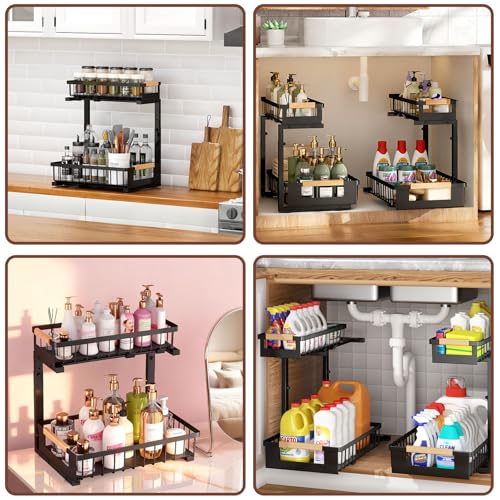 Under Sink Organizer, L-Shape 2 Tier Pull Out Cabinet Organizer with Adjustable Height, Metal Sliding Storage Rack for Kitchen Bathroom Pantry, Black, 2 Pack - color: Black-2 Pack