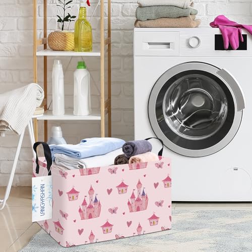 LANGYASHAN Rectangular Girl Storage Bin Collapse Canvas Fabric Cartoon Storage Basket with Handles for Organizing Home Kitchen Boys and Girls Toys Office Closet Shelf Baskets (Rec Pink Castle) - color: Rec Pink Castle
