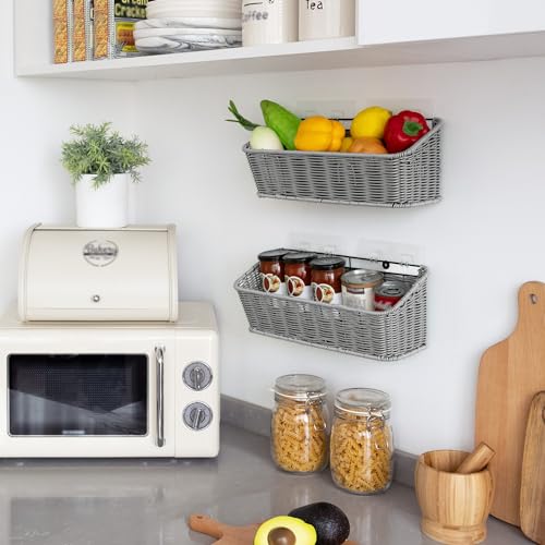 GRANNY SAYS Wicker Hanging Basket, 2 Pack Storage Baskets for Cabinet, Wall Mount Fruit Basket for Kitchen, Adhesive Bathroom Cabinet Organizer, Pantry Organizers and Storage, Gray - color: Slate