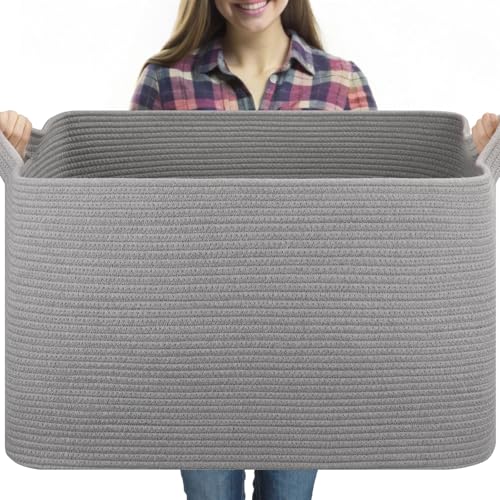 OIASKET Extra Large Blanket Basket, 24" x 16.9" x 14.2" Woven Storage Basket for Living Room, Rectangle Nursery Blanket Storage for Toys, Towels, Dirty Clothes (Light Grey) - color: Light Grey, size: 24"x16.9"x14.2"