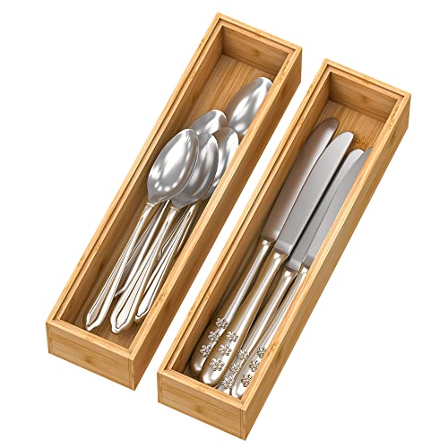 Bamboo Kitchen Drawer Organizer, Stackable Silverware Tray Utensil Organizer Cutlery Holder for Kitchen,Wooden Storage Box for Bathroom, Multi-Use Storage Bins Dividers for Office(12x3x2.5 inch） - size: 12x3x2.5inch
