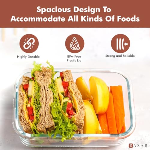 Razab 35 Pc Set Glass Food Storage Containers with Lids - Meal Prep Airtight Bento Boxes BPA-Free 100% Leak Proof (15 lids,15 glass & 5 Plastic Sauce/Dip Containers) - color: Gray