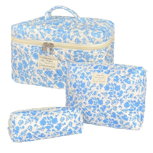 Blue Large Quilted Floral Makeup Bag Set of 3 Cute Coquette Aesthetic Cosmetic Bag Set Travel Toiletry Bag for Women - color: B-3Pcs Blue