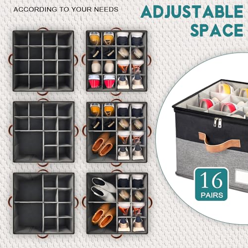 Shoe Organizer for Closet, Foldable Shoe Storage Bins with Clear Cover, Space Saving Shoes Holder with 4 Handles, Large Adjustable Shoe Box Storage Containers, Fits 8-16 Pairs, 2 Pack, Black - color: Black and Grey, size: (2 Pack) 17"L x 17"W x 12 ½"H