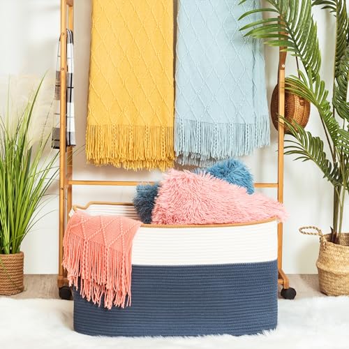 MINTWOOD Design 22in Extra Large Blanket Basket Holder Living Room, Rectangle Rope Woven Storage Basket with Handles for Laundry, Pool Towels, and Shoes, Dog Toy Organizer Bin Box, Prussian Blue - color: Prussian Blue