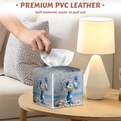 Tissue Holder - Blue White Flowers Tissue Box Cover,Beach Starfish Seashell Leather Tissue Box Cover Square, Paper Facial Decorative Tissues Cover for Bathroom Home Car Nightstand Vanity Desk, 2 Pcs - color: Blue White Flowers Beach Starfish Seashell