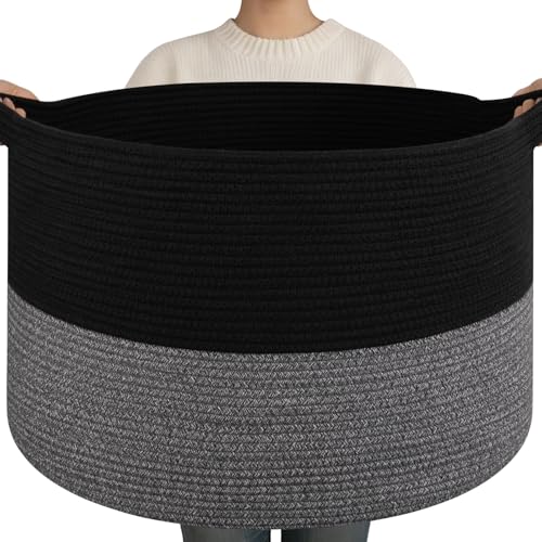 OIAHOMY 90L XXXLarge Blanket Basket for Living Room, 21.7" x 13.8" Woven Cotton Rope Laundry Basket for Organizing Pillows, Decorative Stuffed Animal Toy Storage Bin for Nursery, Black and Grey - color: Black and Grey, size: 21.7"D x 13.8"H