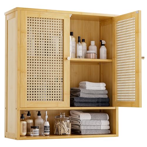Bathroom Wall Cabinet, Bamboo Over-The-Toilet Storage Organizer with 2 Rattan Doors and Adjustable Shelf, Space Saver Medicine Cabinet for Laundry, Kitchen, Living Room (Natural) - color: Natural