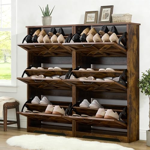 Shoe Storage Cabinet with 3 Flip Drawers, Farmhouse Shoe Organizer with Barn Door Design, Space-Saving Hidden Narrow Shoe Rack Cabinet for Entryway, Hallway & Foyer, Brown - color: Brown, size: 2 pcs-3 Flip Drawers
