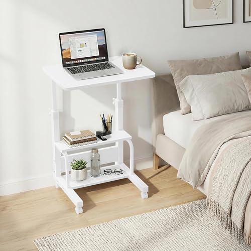 WINAZ Small Bedroom Laptop Rolling Desk - 24" White Mobile Kids Desk with Wheels for Small Spaces, Height Adjustable C Shaped Side Table with 2-Tier Storage Shelves - color: White