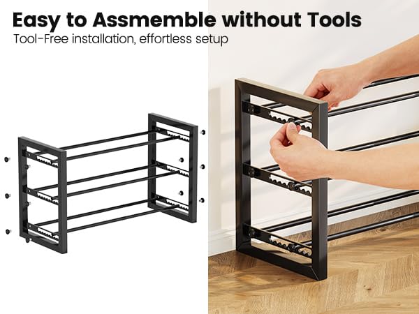 Homeiju Expandable Shoe Rack, 3 Tier Metal Shoe Shelf, Adjustable Shoe Stand for Sneakers, Boots, Heels, Heavy-Duty Steel Standing Shoe Organizer for Entryway, Closet, Bedroom, Black - color: Black, size: 3-Tier