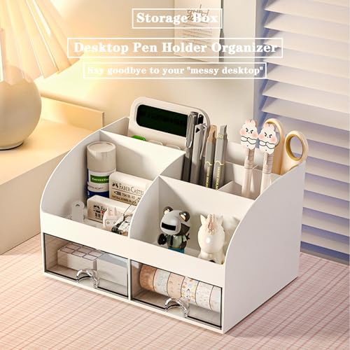 COMFYROOM Desk Organizer with 6 Compartments and 2 Drawers, Plastic Makeup Organizer, Pen Holder for Desktop Storage, Desk Organization for School, Home, Office Supplies (White-2Pack) - color: White-2Pack