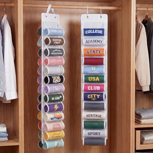 Over the Door Hoodie Organizer, Double Sided Holds 26 Hoodies, White Hanging Storage with 2 Hooks and Rope for Door Closet Cabinet Use, Ideal for Dorm Rooms Bedroom, Small Spaces, 54.3 Inch - color: White