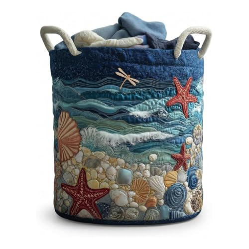Quilted Laundry Basket with Handles, Large Soft Fabric Storage Hamper for Clothes, Toys & Blankets, Boho Floral Collapsible Basket for Nursery, Bedroom, Laundry Room - color: Ocean, size: S-14x18In