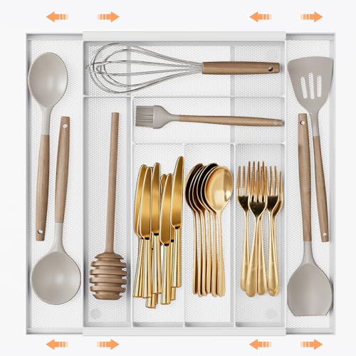 Sedegn Silverware Organizer Metal Mesh, Large Drawer Organizer, Utensil Cutlery Tray for kitchen drawers, Expandable Flatware Organizer with 8 Compartment White 11.6"~20" x 17.3" - color: White, size: Expandable 11.6"~20" x 17.3"