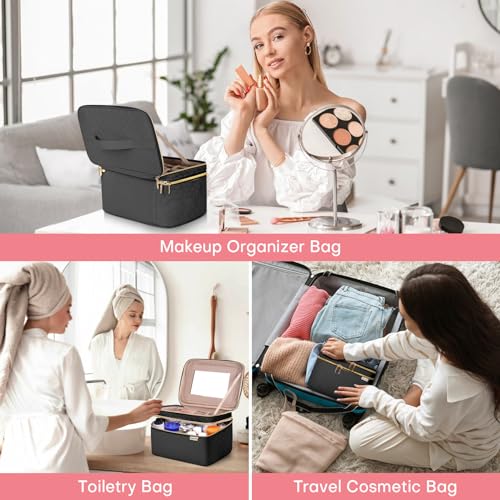 HXLGMD Large Makeup Bag with Mirror Double Layer Travel Make Up Organizer Case, Large Capacity Coemetic Bag with Brush Slot Divider - color: Black