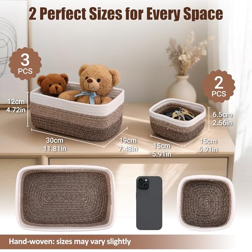 5-Pack Small Woven Rope Storage Baskets – 2 Sizes Organizer Bins for Closet, Shelf, Bookshelf, Nursery, Changing Table, Fabric Cube Boxes, Rectangular Shallow Bins for Bathroom, Toy & Home - color: Gradient Brown